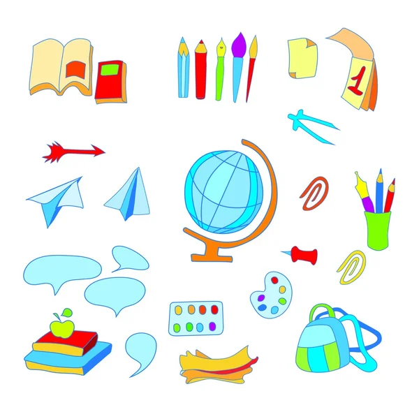 Conjunto escolar de objetos vectoriales. Varios materiales escolares coloridos — Vector de stock