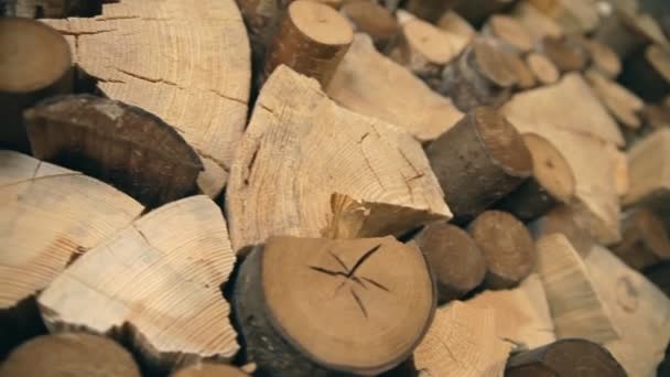 Un arrière-plan. Une maçonnerie de bois de chauffage coupé . — Video