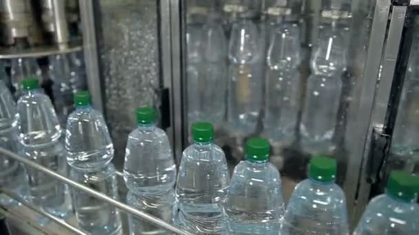 En linje för tappningen mineralvatten i flaskor — Stockvideo