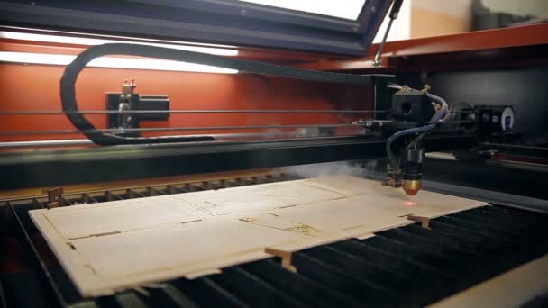 Una máquina para cortar madera contrachapada con láser — Vídeos de Stock