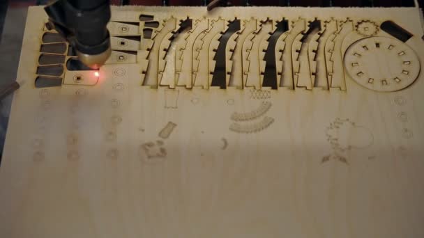 Uma máquina para cortar madeira compensada com um laser — Vídeo de Stock