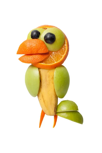 Fågel i rolig pose av färska frukter — Stockfoto