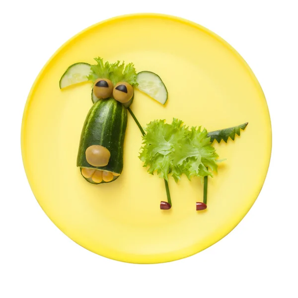 Cão vegetal engraçado na placa amarela — Fotografia de Stock