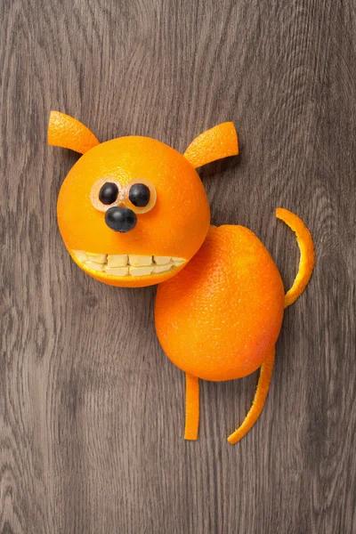 Собака з апельсина на дерев'яному фоні — стокове фото