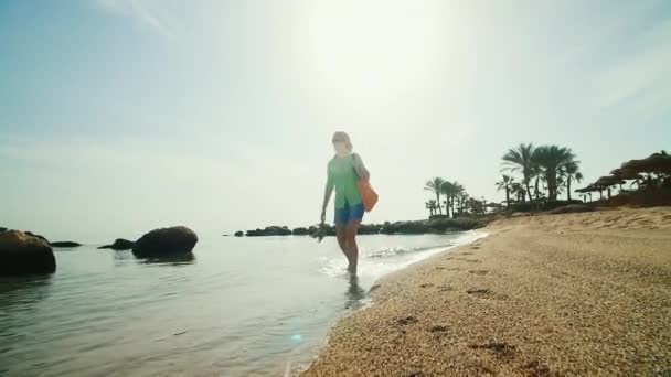 Steadicam shot Donna che cammina lungo la linea del surf all'alba — Video Stock