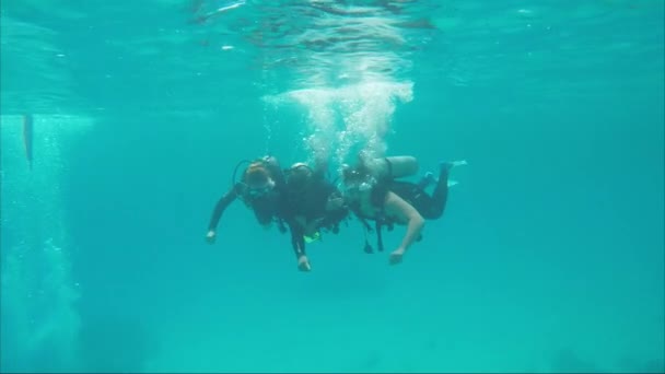 Хургада, Египет - 28 февраля 2016 года: инструктор по подводному плаванию под водой с двумя студентами — стоковое видео