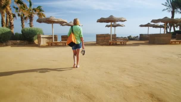 Steadicam shot: Young woman goes to sea — Stock Video