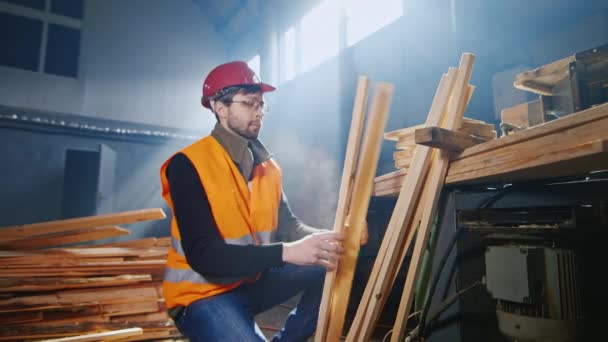 大工は、木製の梁を考慮します。 — ストック動画