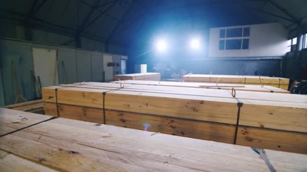 Warehouse: where are stored stacks of planks and timber — Stock Video