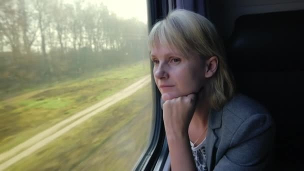 Mujer joven mirando por la ventana del tren — Vídeos de Stock