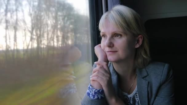 Жінка в костюмі дивиться у вікно поїзда — стокове відео