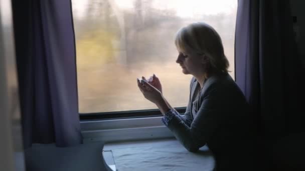 Una donna usa uno smartphone sul treno — Video Stock