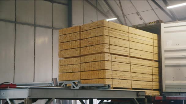 Blocos de madeira quadrada carregada em contêiner de transporte — Vídeo de Stock