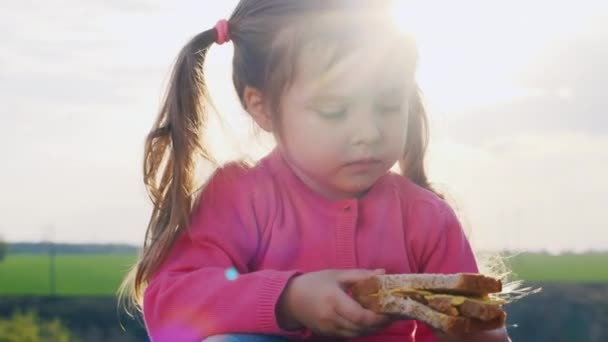 Menina engraçada três anos comendo um sanduíche em um piquenique — Vídeo de Stock