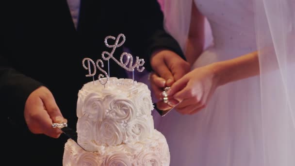 Manos recién casados cortar el pastel de bodas — Vídeo de stock