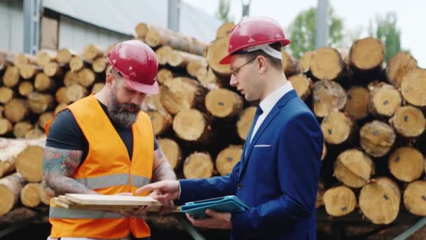 Ingénieur et travailleur étudiant des échantillons de matériaux. C'est sur le fond de la pile de bois de construction — Video