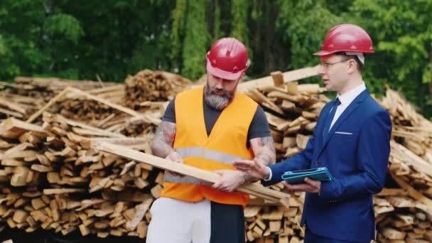 El ingeniero en traje y casco con un trabajador barbudo estudiando muestras de palanquillas de madera — Vídeos de Stock