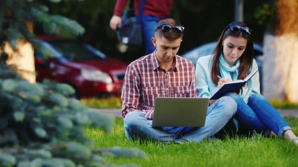 Studenter man och kvinna som arbetar med en bärbar dator i parken — Stockvideo