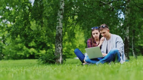 Mann und Frau entspannen gemeinsam im Park, arbeiten mit Laptop. sie sitzen auf dem grünen Gras — Stockvideo