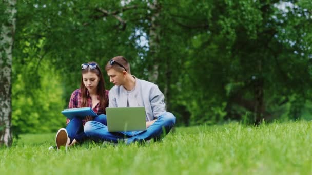 Joven hombre y mujer trabajando juntos en un portátil y una tableta. Sentado en el césped en el parque — Vídeos de Stock