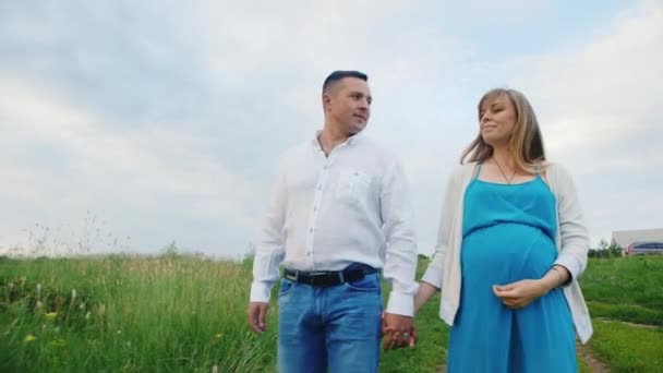 Steadicam shot: jonge gelukkige familie op wandeling. Man lopen met zijn zwangere vrouw — Stockvideo