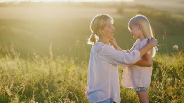 Mom daughter combing her hair. In the meadow at sunset — Stock Video