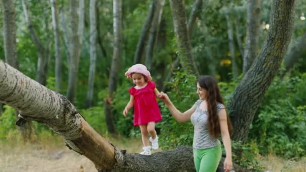Moeder speelt met haar dochter. Meisje drie jaren is op een log, moeder steunt haar - stijgingen. Concept- en betrouwbare ondersteuning — Stockvideo
