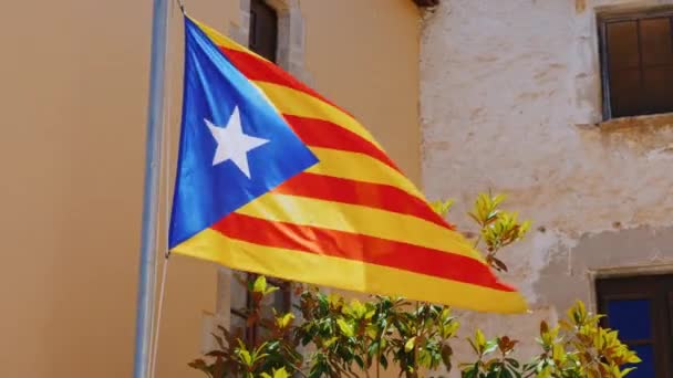 Drapeau catalan en arrière-plan d'un vieux bâtiment — Video