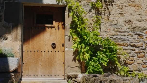 Puerta de madera vintage en la casa, junto al cultivo de uvas. Ciudad de Rupit Cataluña — Vídeo de stock