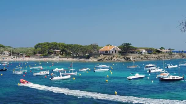 A pitoresca baía do mar com iates e barcos. A popular cidade turística espanhola de Cadaques — Vídeo de Stock