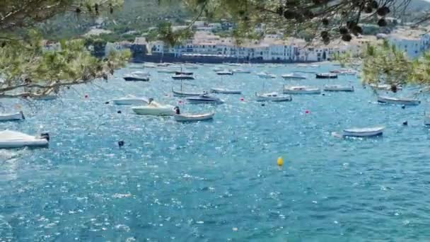 Akdeniz resort ile pitoresk plaja. Ön planda yat ve tekne koy var. İspanya, Costa Brava — Stok video