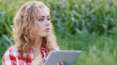 Çekici kadın tablet ile Mısır alanlar arka plan üzerinde çalışma