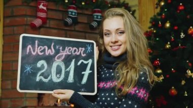 Noel ve yeni yıl kutlama. 2017 yılında bir kadın portresi Oturum şömine ve Noel süslemeleri bir arka plan üzerinde