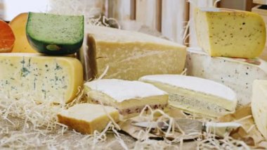 Peynir farklı sınıflarda ve farklı renkler. vitrin fiyat etiketleri olmadan dekore edilmiş