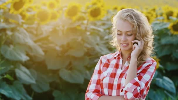 Çekici kadın ayçiçeği arka plan alanındaki telefonda söz — Stok video