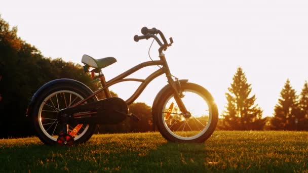 Na zeleném trávníku při západu slunce je to dětské kolo. Koncept-nostalgie, dětství, sny — Stock video