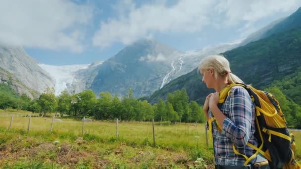 ノルウェーの風光明媚な風景の中を歩くと、女性は北欧を旅します — ストック動画