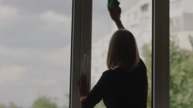 Ev hanımı yüksek binadaki dairesinin camını siliyor.