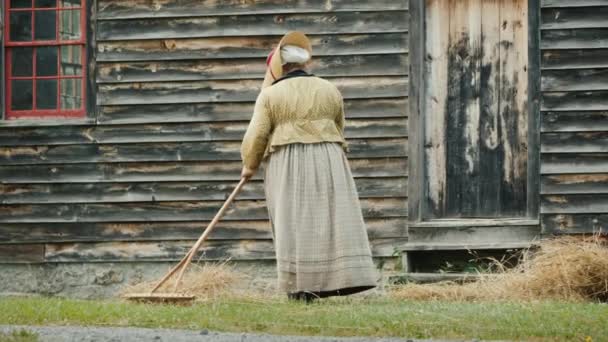 Genesee, NY, USA, juli 2019: Een vrouw in de kleding van de kolonisten van Noord-Amerika reinigt het hooi met een hark — Stockvideo