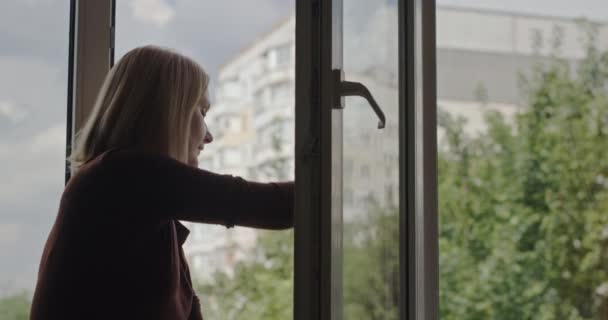 Dona de casa limpa uma janela em seu apartamento em um prédio alto — Vídeo de Stock