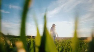 Bir kadın gün batımında yeşil çimlerde yürür