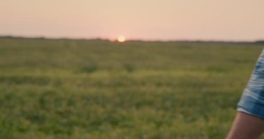 Farmers shake hands against the green field where the sun sets