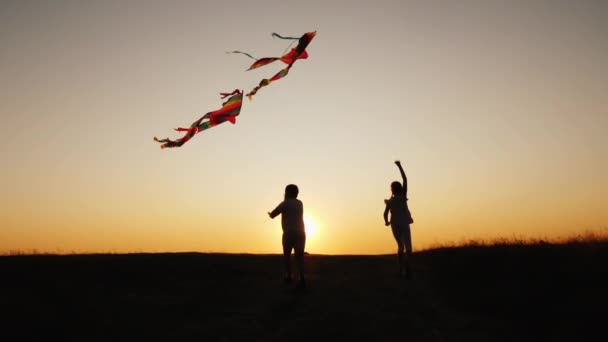 Barn leker med drakar på en pittoresk plats vid solnedgången — Stockvideo