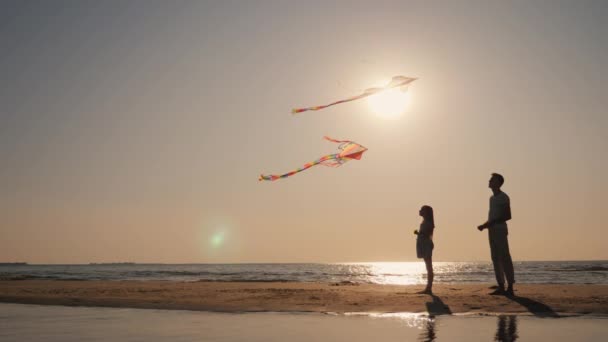 Kinderen spelen op het strand met vliegers, zomervakantie concept — Stockvideo