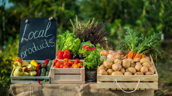 A counter with fresh vegetables at a small farmers market — Stock Photo, Image