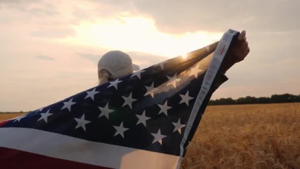 Amerikai zászlóval rendelkező gazda áll a búzamezőn — Stock videók