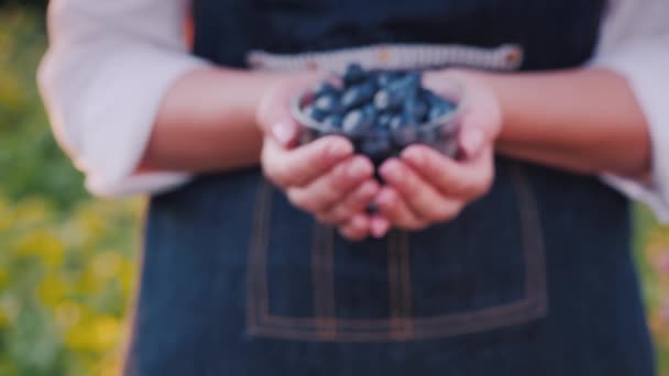 Bauer hält eine Schüssel Blaubeeren in der Hand. 4k-Video — Stockvideo