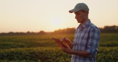 Genç bir çiftçi gün batımında elinde tabletle tarlada çalışıyor.