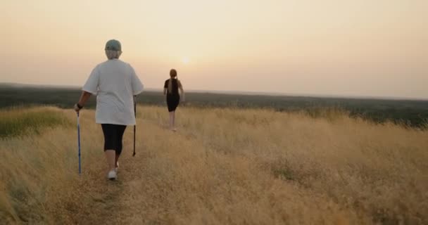 Активна літня жінка займається скандинавською жіночою ходою до своєї онуки. Активні літні особи — стокове відео