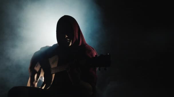 Silhuetten av en musiker på scenen, spelar gitarr — Stockvideo